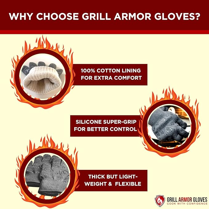 Grill Armor Oven Gloves ??932째F Heat, Fire & Cut Resistant Mitts for BBQ, Grill, Cooking, Grilling, Baking, Smoker & Fire Pit