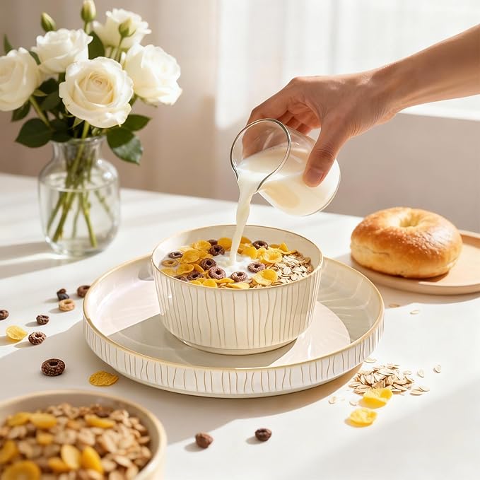 Ceramic Dinnerware Sets for 4, 12 Pcs Ribbed Reactive Glaze Plates and Bowls Sets, Chip Scratch Resistant, Microwave Dishwasher Safe Dish Set, Christmas Housewarming Gifts, Cappuccino White