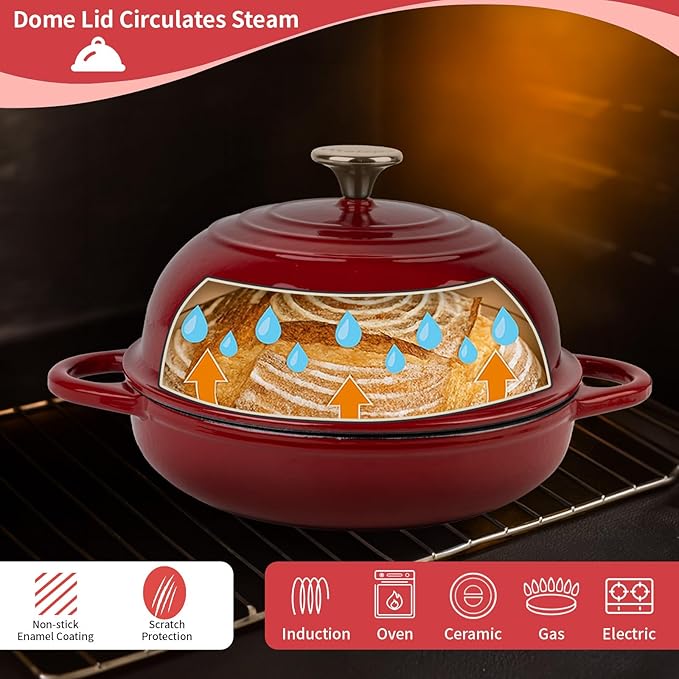 Dutch Oven for Bread Baking, 5.4 Quart Dutch Enameled Cast Iron Bread Oven, Dutch Oven for Sourdough Bread Baking, Oven Safe up to 500째 F, 25 cm Red