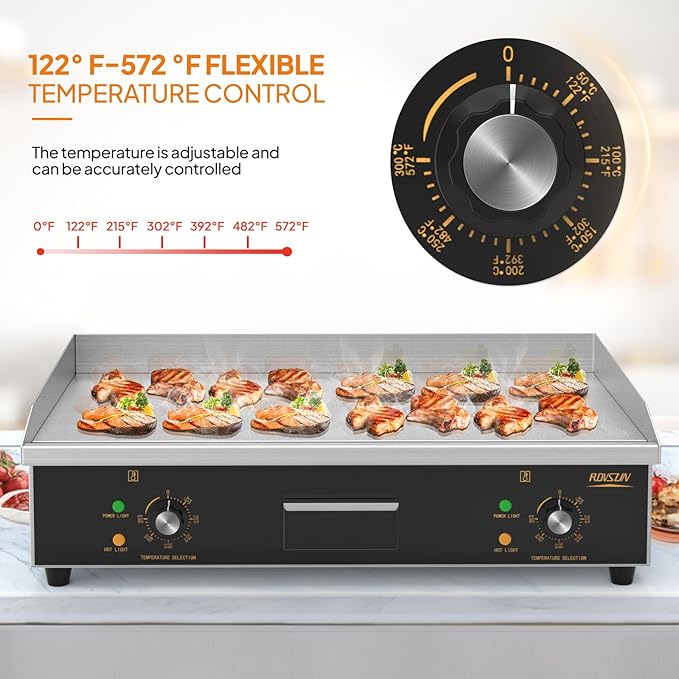 ROVSUN 30" Electric Countertop Flat Top Griddle, 3000W Electric Griddle, Teppanyaki Grill Stainless Steel with Adjustable Temperature Control 122째F-572째F for Commercial Home Restaurant, Plug