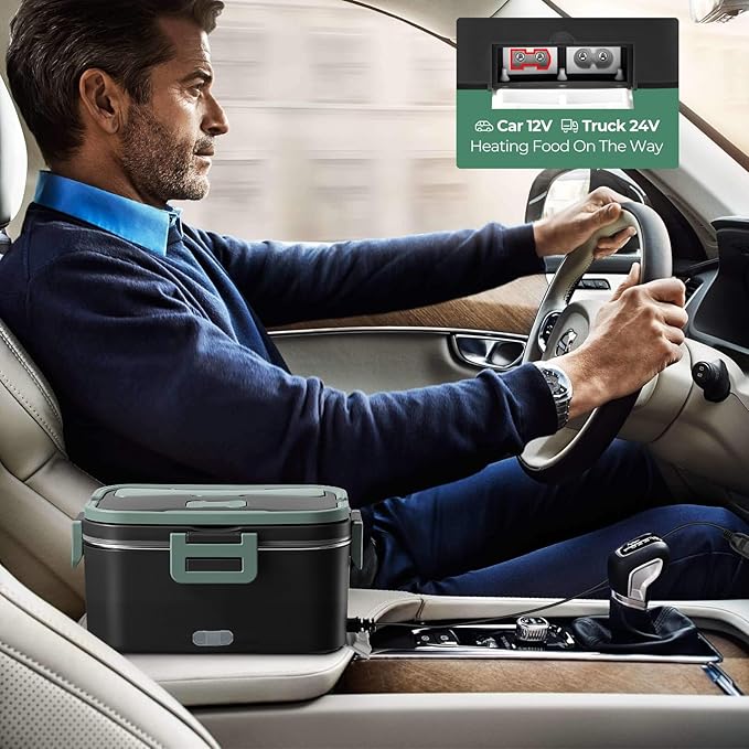 Vidaskeci Electric Lunch Box for Adultss 100W 1.8L Portable Heated Lunch Box for 12V/24V/110V home/Car/Office/Truck,1,8L Removable 304Stainless Steel Container (Black + Green)