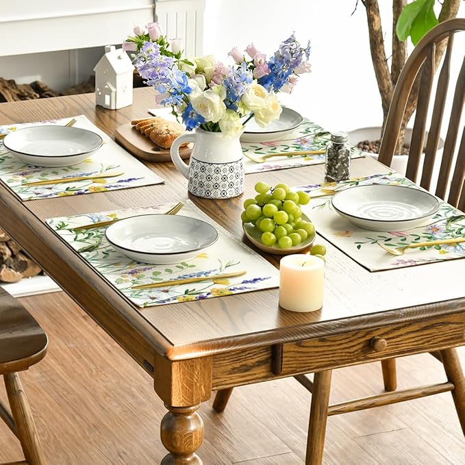 Artoid Mode Daisy Eucalyptus Lavender Floral Leaves Spring Placemats Set of 4,12x18 Inch Seasonal Table Mats for Party Kitchen Dining Decoration