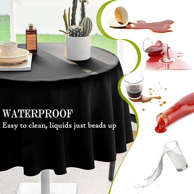 BYDOLL Table Cloth 70 Inch Round Tablecloth Fits Max60 Inch Diameter Table Top,Black Polyester Washable Wrinkle-Free Spillproof Tablecloth for Party Patio Cover
