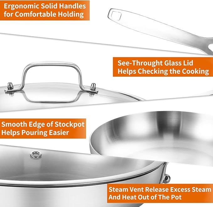 DELARLO Tri-Ply Stainless Steel 8 inch Frying Pan With Lid, Oven Safe Induction Skillet, Suitable for All Stoves Up to 600?됵펷Lids 300?됵펹