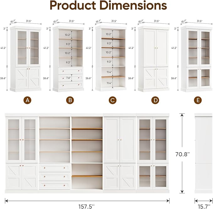 70.8" Tall Farmhouse Kitchen Pantry Cabinet with Glass Doors, Modular Wooden Storage Cabinet with 6-Tier Adjustable Shelves, Hutch for Kitchen or Living Room, White, Set of 2