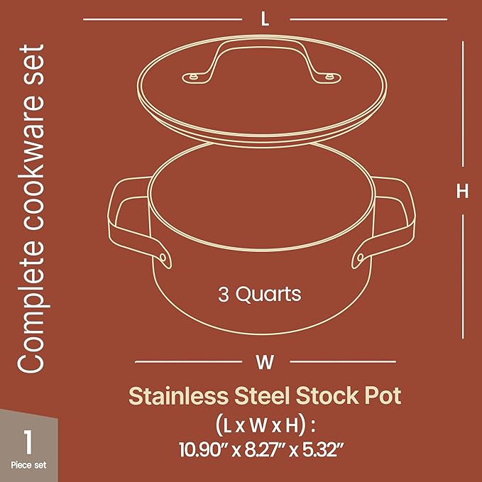 Bakken 3 Quart Ceramic Coated Stock Pot with Lid, Easy to Clean Nonstick Pot, Tempered Glass Lid, Riveted Stainless Steel Handles, Oven Safe Up To 500째F, PTFE & PFAS Free, All Stove Compatible, Blue