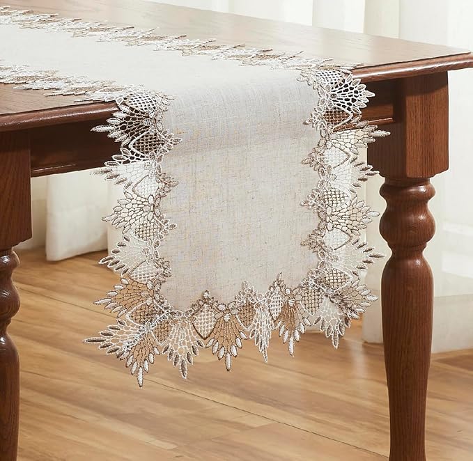 Raedan Natural Linen Table Runner 72 inches Neutral Earth Tones Beige Lace Coffee Table Runners Dresser Scarf for Easter Spring Summer Kitchen Wedding Party, Machine Washable (Natural, 16?쓝72??