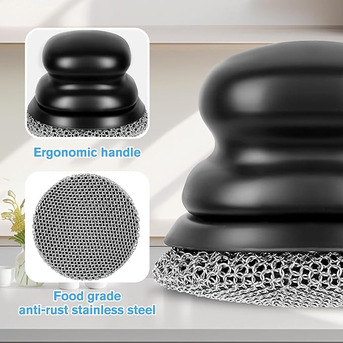 Onewly Cast Iron Scrubber and Scraper, Chain Mail Scrubber Cast Iron for Cleaning Dishes, Stock Pots, Pans, Griddles, Grills, Dish Scouring Pads
