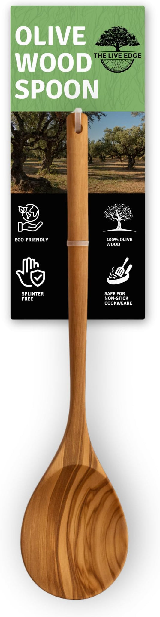 Handmade Olive Wood Spoon 12" Long handle | Large Wooden Spoon for Cooking, Kitchen Utensil | Single Nonstick Wood Serving Spoons for Soup Stirring | Wooden Mixing Spoons for Baking
