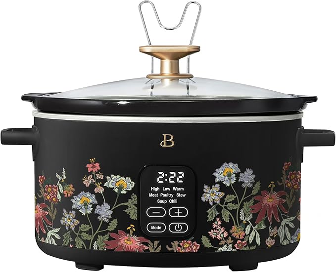 Beautiful 6 Quart Programmable Slow Cooker, 5 Cooking Presets, Digital Countdown Timer, Dishwasher Safe Parts by Drew Barrymore (Wildflower Black Sesame)