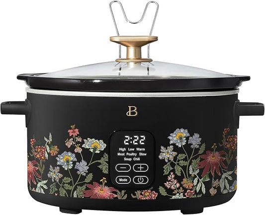 Beautiful 6 Quart Programmable Slow Cooker, 5 Cooking Presets, Digital Countdown Timer, Dishwasher Safe Parts by Drew Barrymore (Wildflower Black Sesame)