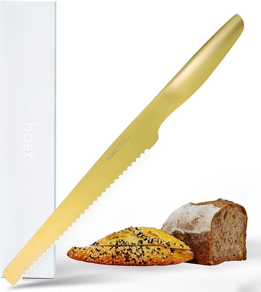 HAST Edition 8-Inch Serrated Bread Knife, Ultra-Sharp Professional Bread Slicing Knife, Advanced Powder Steel, Lightweight, Comfortable Ergonomic & Award-Winning Design(Titanium Gold)