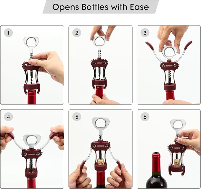 Beneno Wine Opener, Zinc Alloy Premium Wing Corkscrew with Multifunctional Bottles Opener, Sharp Wine Corkscrew with Ergonomic Non-Slip Wing Handle, Purple