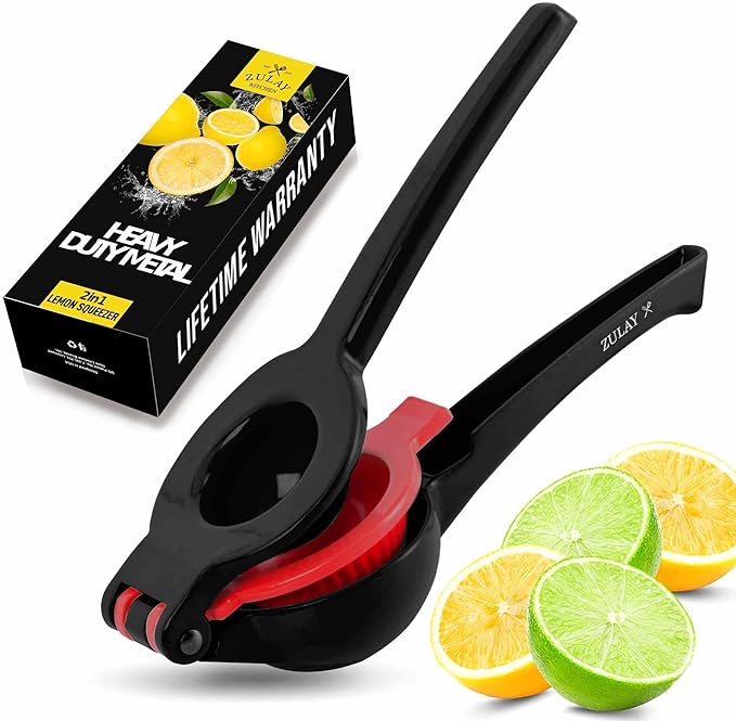 Zulay Kitchen Metal 2-in-1 Lemon Squeezer - Sturdy Max Extraction Hand Juicer Lemon Squeezer Gets Every Last Drop - Easy to Clean Manual Citrus Juicer - Easy-Use Lemon Juicer Squeezer - Black/Red