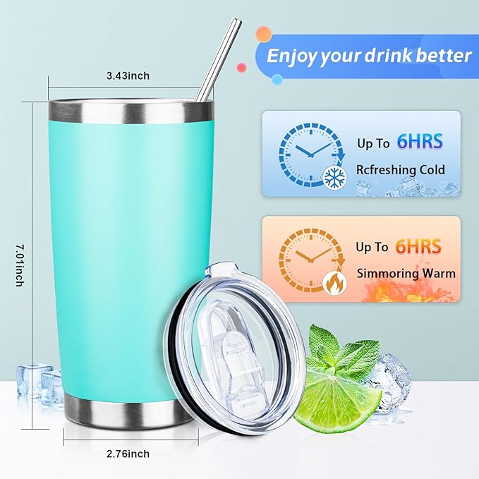 ATIKZHE 20oz Tumbler with Straw and Brush, Stainless Steel Vacuum Insulated tumbler, Double Wall Insulated Coffee Tumbler for Outdoor, Home, Travel,Office (Light Green,1pcs)