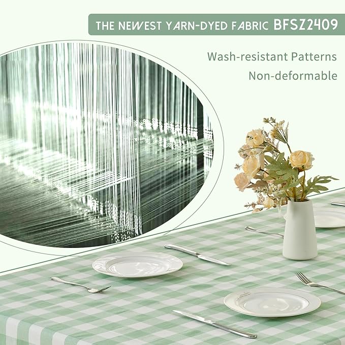 BALCONY & FALCON Rectangle Gingham Table Cloth ??Water-Resistant Cotton Blend, Spill-Proof & Washable Checkered Tablecloth for Kitchen, Dining, Picnic, Party (Green White, 57x118 Inch)