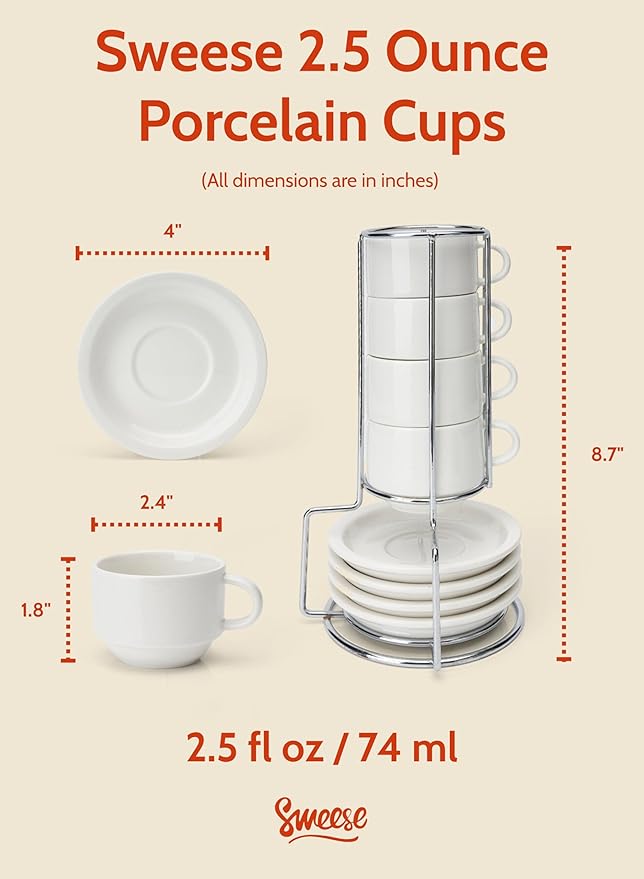 Sweese 2.5 Ounce Porcelain Stackable Espresso Cups with Saucers and Metal Stand Set of 4, White