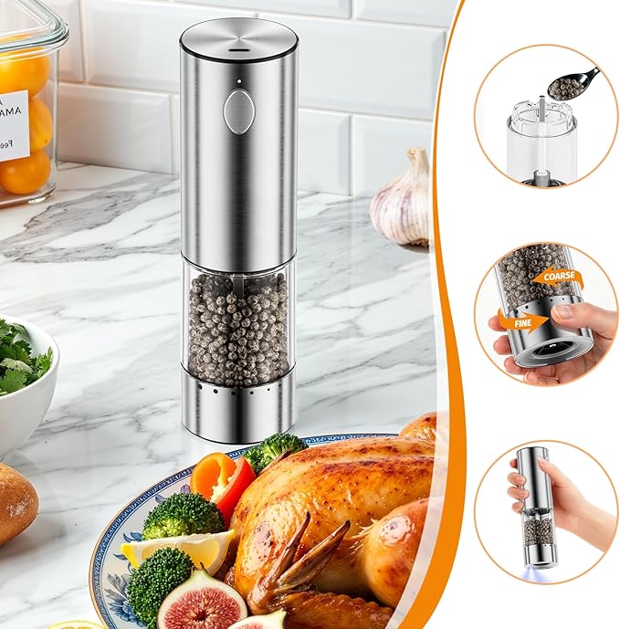 HomeHacks Upgraded Larger Capacity Electric Salt and Pepper Grinder Set, Rechargeable Type-C with LED Light, Stainless Steel Automatic & 6 Adjustable Coarseness, Ideal for Housewarming/Christmas Gifts