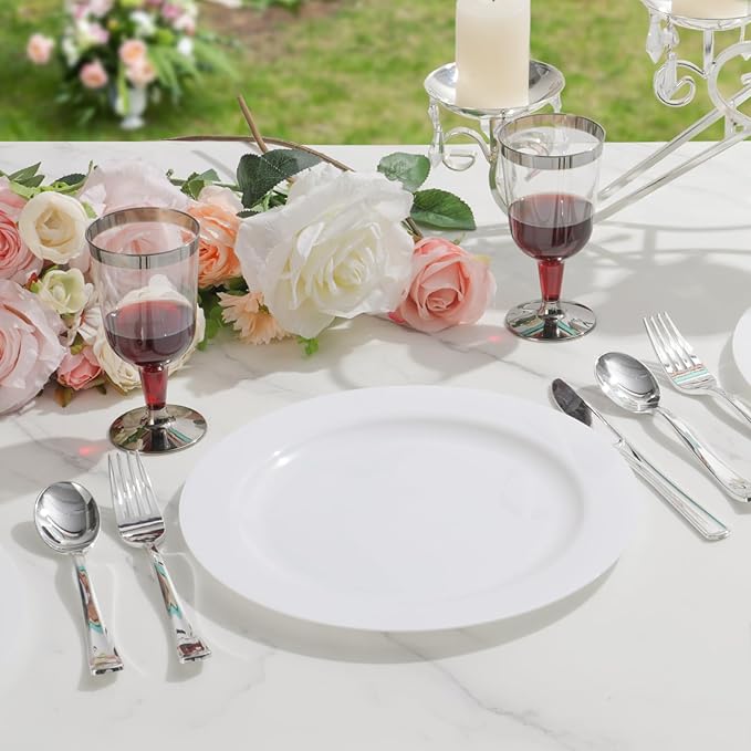 100 Pack White Plastic Plates Disposable, 10.25" & 7.5" Heavy Duty Shatterproof Plates for Large Party, Wedding, Catering (50 Large & 50 Small)