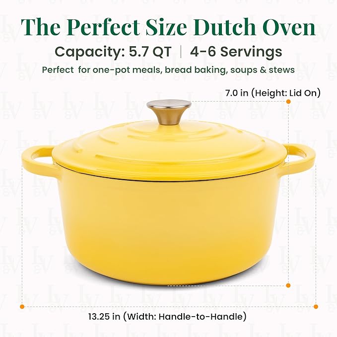 Larder & Vine Enameled Cast Iron 5.7qt Dutch Oven Pot with Lid | Bread Baking | Compatible on All Cooktops & Oven Safe to 500째 F | Great for Sourdough Bread | Limoncello