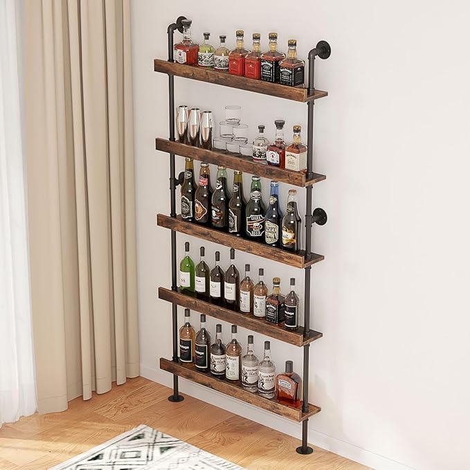 Floating Bar Shelves, 5-Tier Wood Wall Mounted Wine Rack with LED, Liquor Bottle Shelf Display for Home Bar, Kitchen, Restaurant(40" W x 79" H x 8.6" D)