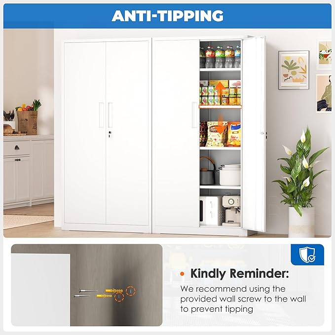 INTERGRAET 63" Tall Pantry Cabinet,Kitchen Pantry Storage Cabinets with 2 Doors and 4 Shelves,White Metal Storage Cabinet,Cupboard for Home,Kitchen,Living Room/Dining