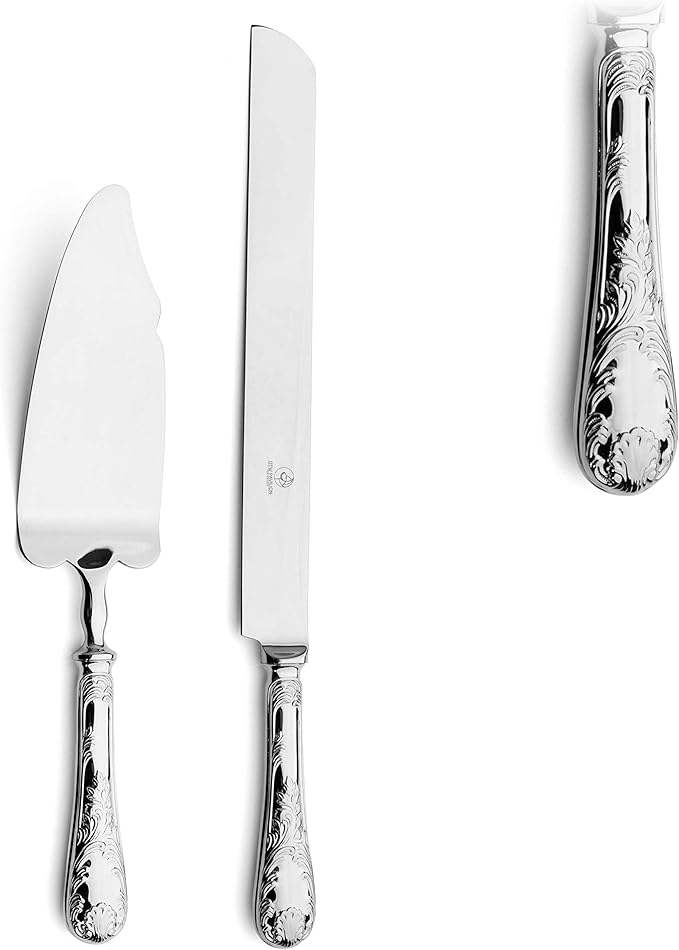 2 Piece Wedding Cake Server Set,18/10 Stainless Steel Dessert Set Pie Server Cake Cutter Knife for Birthday,Anniversary,Holiday,Baby Shower,Party (Versailles, Stainless steel-V)