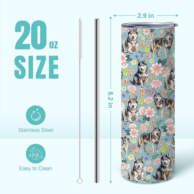 Yogusut Siberian Husky Gifts for Women, 20oz Stainless Steel Insulated Tumbler Travel Mug Cup with Lid Straw Brush, Gifts for Dog Mom Dog Lover