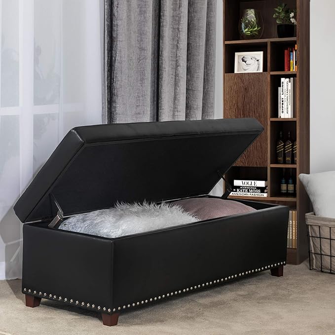Joveco 47 Inch Storage Ottoman Bench,Tufted Leather Storage Bench with Nailhead Trim for Bedroom (47??Black)