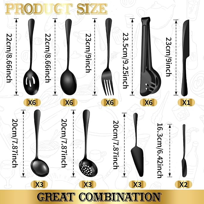 ZLMTZDJD 36-Piece Stainless Steel Serving Utensil Set ??Complete Buffet Essentials with Spoons, Forks, Tongs, Ladle & More. Perfect for Wedding, Holiday, Catering, and Family Gatherings (Black)
