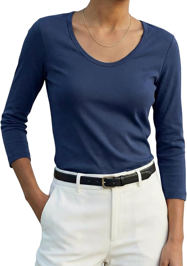 Women's 3/4 Sleeve Scoop Neck T-Shirt Cotton Blend Slim Fit Basic Tee Casual Spring Top 2026
