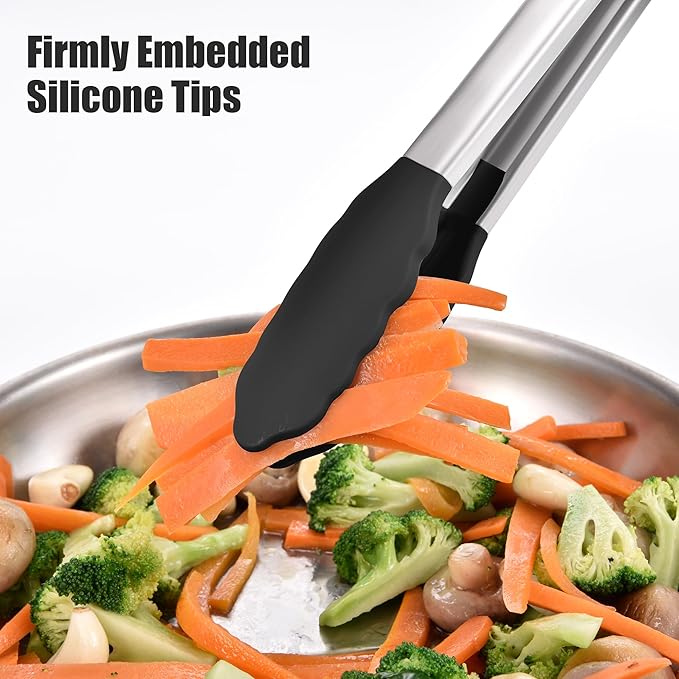 Doosu Kitchen Tongs for Cooking - 600째F Heat Resistant Food Tong with Non-Scratch Silicone Tips, Heavy Duty Stainless Steel Locking Tong for BBQ, Grilling Steak, Serving Salad, Pasta (16in, Black)