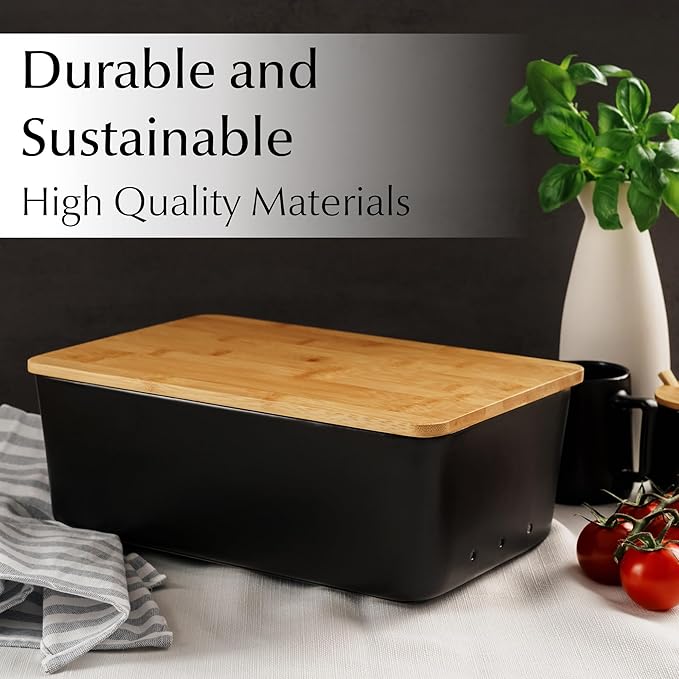 MIAMIO ??Bread Box for Kitchen Countertop/Ceramic Bread Box with Cutting Board, Bread Container with Bamboo Lid, 12.6 x 7.9 x 4.5 inches