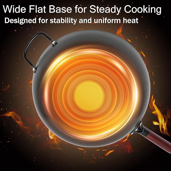 Wrought Iron Flat Bottom Wok with Glass Lid ??Detachable Wooden Handle, Non-Coated Naturally Nonstick Frying Pan for Gas, Electric & Induction Stoves (Black Wok with Helper Handle, 13.4 inch)