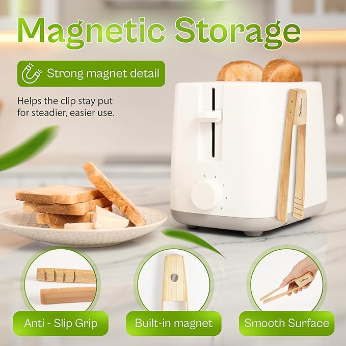 Magnetic Bamboo Toaster Tongs ??8 Inch | Toaster Tongs with Magnet | Handmade Natural Bamboo, Safe for Toasters & Nonstick | 1/2/4 Pack