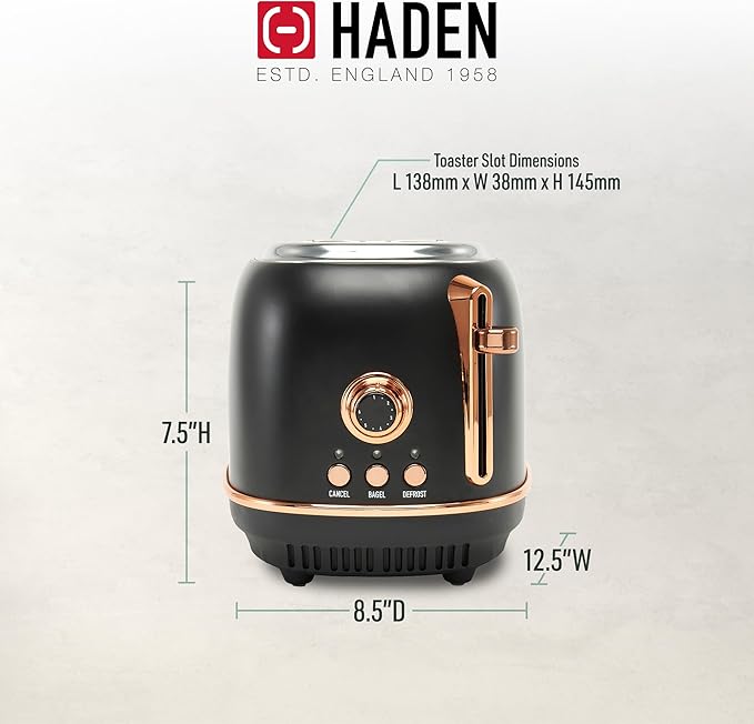 Haden Heritage 2 Slice Wide Slot Stainless Steel Toaster with Adjustable Browning Control & Non-Slip Feet, Black & Copper