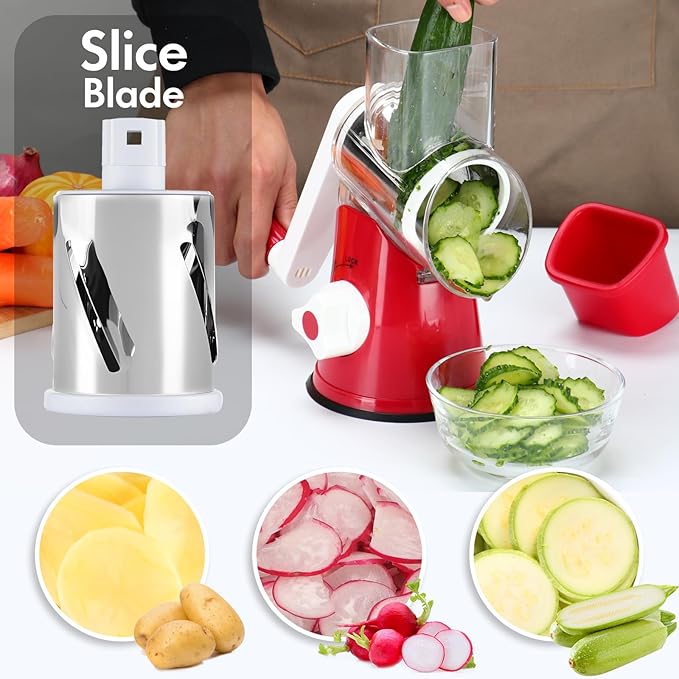 Ancevsk Rotary Cheese Grater Shredder, Speed Kitchen Manual Round Mandolin Slicer Safe Grinder with 3 Interchangeable Blades for Nuts, Carrot, Hashbrown, Garlic, Walnut, Potato, Chocolate (Red)