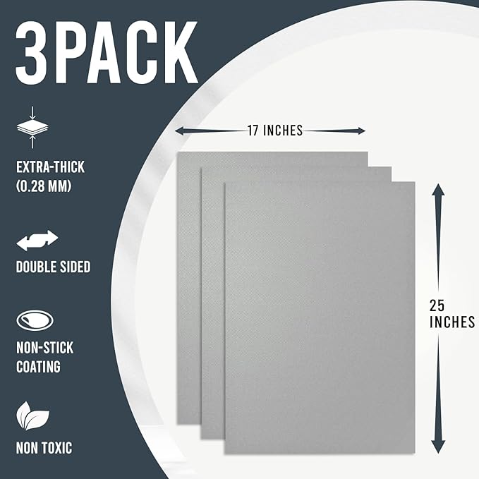 Non Stick Oven Liners for Bottom of Oven, 3 Pack Large Heavy Duty Mats, 17??x 25??BPA and PFOA Free Reusable Mat for Toaster Electric Gas Stove Microwave Charcoal or Gas Grills (Silver)