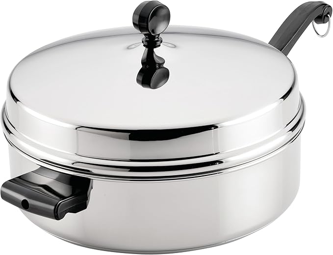 Farberware Classic Series Anniversary Edition Stainless Steel Saut챕 Pan and Lid with Helper Handle, Induction Suitable, 6 Quart Jumbo Cooker, Metal Utensil Safe - Stainless Steel