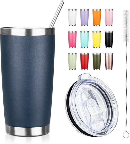 ATIKZHE 20oz Tumbler with Straw and Brush, Stainless Steel Vacuum Insulated tumbler, Double Wall Insulated Coffee Tumbler for Outdoor, Home, Travel,Office (Navy blue,1pcs)
