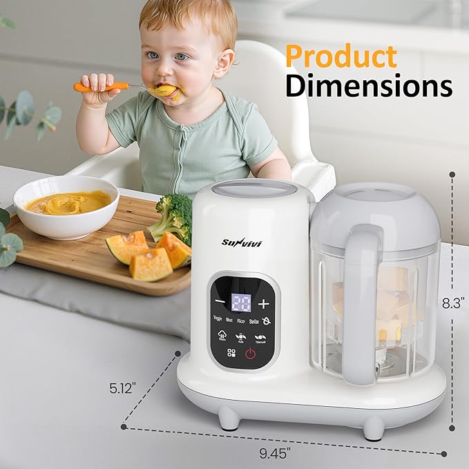 Sunvivi Baby Food Maker: All-in-one Baby Food Processor with Steam, Heating, Unfreeze, Blender, Electric Blender and Food Processor Combo with Self Clean LCD Display, Baby Food Steamer Grinder White