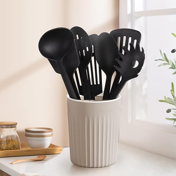 TJ POP Kitchen Utensils Set, 7PCS Cooking Utensils Set 410F째 Heat Resistant & Non-stick Food Nylon Kitchen Gadgets Accessories For Cookware, BPA Free Kitchen Tools Gift (Black)