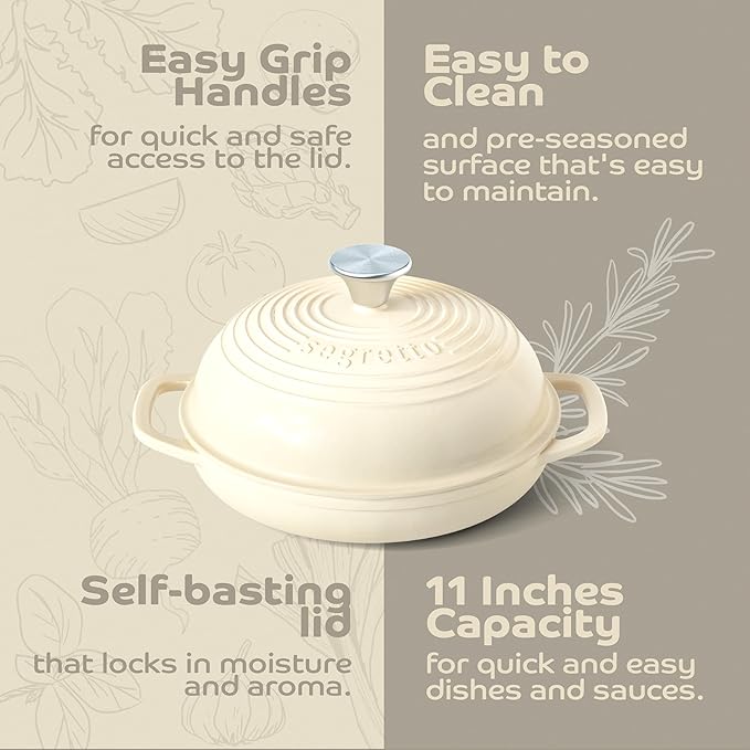 Enameled Cast Iron Bread Pan with Lid, 11??Bianco Perla (White) Bread Oven Cast Iron Sourdough Baking Pan, Dutch Oven for Bread - Segretto Cookware