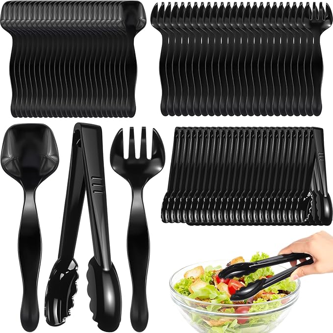 Patelai 72 Pcs Disposable Plastic Serving Utensils Set Including Black Disposable Serving Spoons Forks and Tongs Plastic Buffet Ware Supplies for Party Catering Restaurant Picnic Dinner