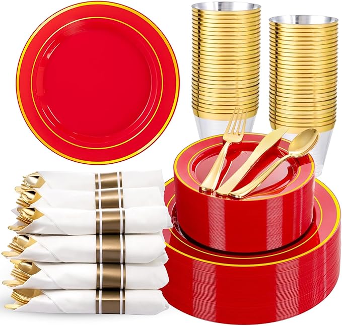 350Pieces Red Plastic Plates with Gold Rim Include 50Dinner Plate 10?? 50Dessert Plate 7?? 50 gold Cups 9 OZ, 50 Pre Rolled Napkins for Party Valentine's Day