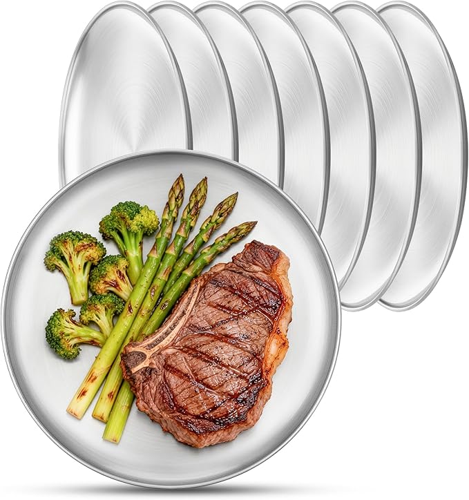 Metal Camping Plates, 8 Pack 9.1 inch Small 201 Stainless Steel Plates, Reusable Pizza Food Serving Snack Eating Salad Dishes Round Shatterproof Brushed Finish Silver Dish Oven Dishwasher Safe