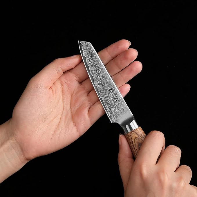 Wakoli EDIB Pro Damascus Mukimono Knife ??Japanese Style Paring and Garnishing Knife | 4-Inch Genuine Damascus Steel Blade with VG10 Core | Ergonomic Pakkawood Handle