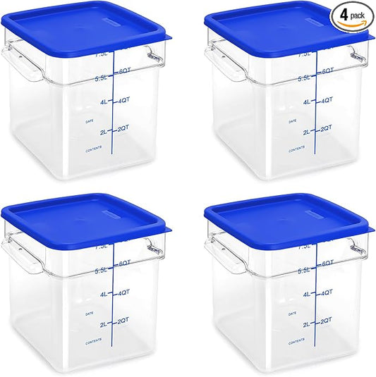 4 Pack Food Storage Containers with Blue Lids, 8.0 Qt - Square, Clear, Polycarbonate, for Restaurant Commercial Kitchen and Home party