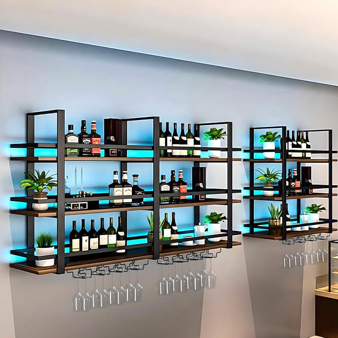 Wine Rack Wall Mounted with LED Lights, 3 Tier Metal Liquor Floating Display Shelves, with Wine Glass Rack, Iron & Wood Industrial Wall Wine Rack, for Bar, Kitchen, Cafe (Black, 39.4in)