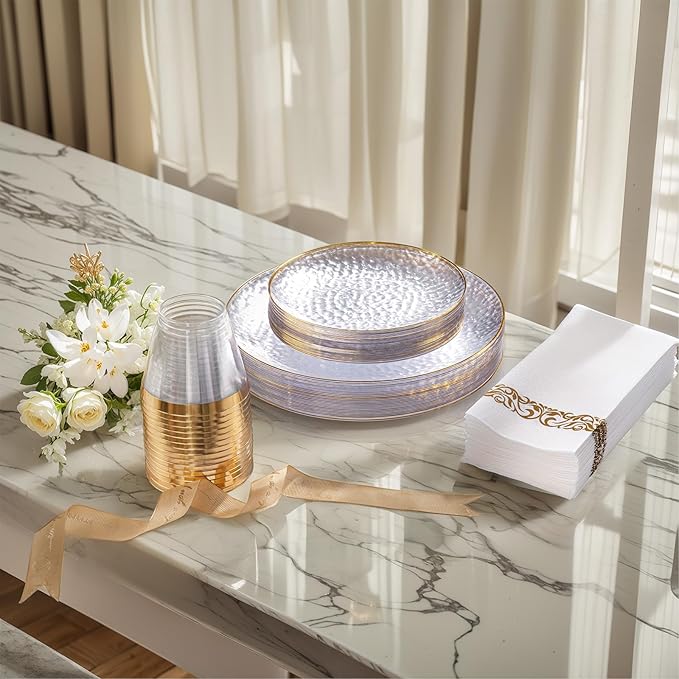 DaYammi 60PCS Clear Gold Plastic Plates Disposable Hammered Heavy Duty Platos Premium 10inch Dinner Plates Hard Plastic Platos Disposable for Party Wedding Bridal Shower